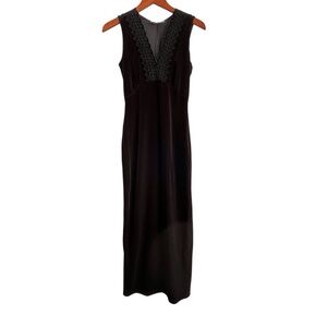 Vtg Faith Couture Velvet Maxi Dress Sz S Black VNeck Back Slit Demure Event Y2K